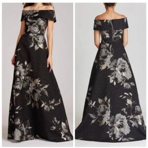 Teri Jon Off-Shoulder Black Maxi Gown with Silver Floral Print